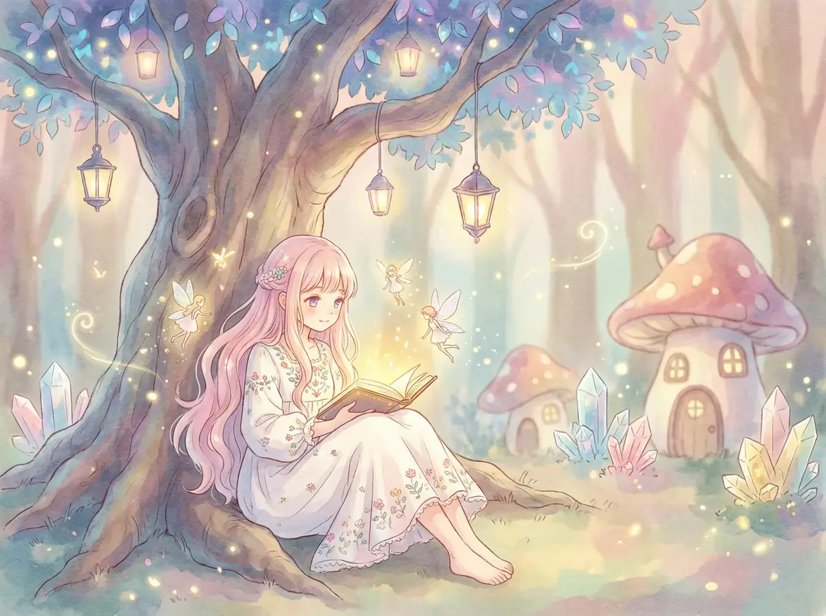 小猪佩奇动画片全集 - 魔法森林中阅读故事书的粉发少女与精灵